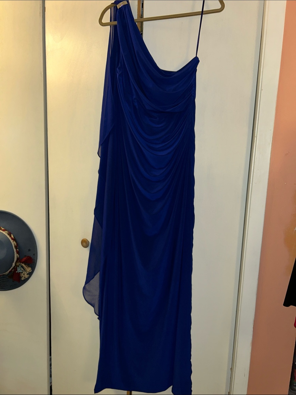 Ralph Lauren Cobalt Blue One-Shoulder Draped Gown